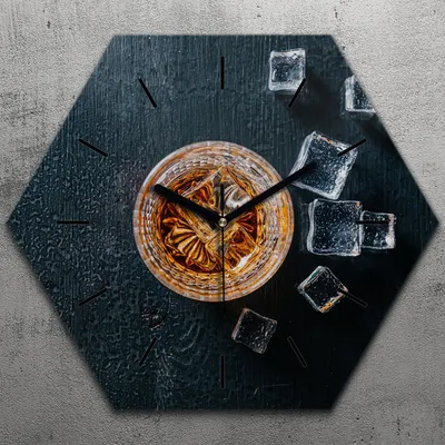 Produktbild von Uhr hexagonal 40 cm Glas Geräuschlos schwarze Zeiger - Whisky Glas