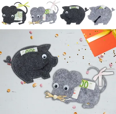 Produktbild von Geldgeschenke 4er Set 2x Maus + 2x Schwein 13x10cm hellgrau dunkelgrau Verpackung Gastgeschenk Geschenk