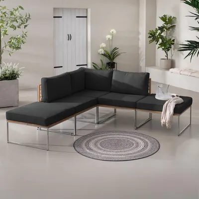 Produktbild von home24 Loungeset - 5-teilig - Webstoff / Teak Massiv