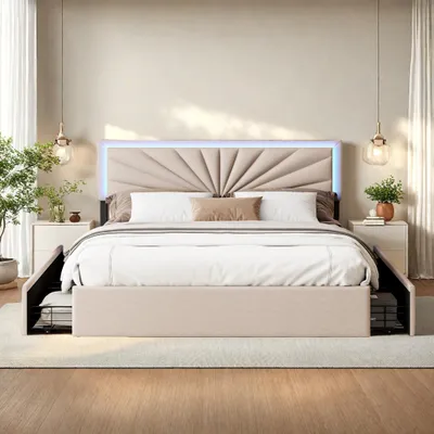 Produktbild von ProximaX Polsterbett 160×200 cm mit LED-Kopfteil – Stoffbett mit 4 Schubladen für Schlafzimmer oder Gästezimmer, Beige