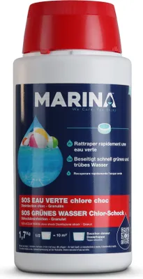 Produktbild von Marina SOS GRÜNES Wasser Chlor Schock Granulat 1,7kg - Schockchlorer für schnelle Desinfektion von Pools, Stoßchlorung/Schockdesinfektion