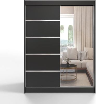 Easy Furniture T3 Schiebeschrank 180 cm mit Spiegel, Kleiderschrank Schlafzimmer, Wohnzimmer- 180 x 215 x 58 Farbe: Schwarz, Schwebetürenschrank