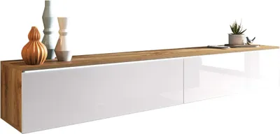 Produktbild von MIRJAN24 TV-Lowboard Detroit D180, Stilvoll TV-Tisch, 2 Türen, Modern Wohnzimmer (Wotan / Weiß Hochglanz, mit Beleuchtung)