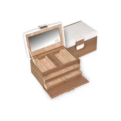 Image de Coffret à bijoux Sacher, style nordique, blanc, aspect bois, avec serrure et miroir