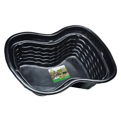 A black plastic pond liner on a white background.