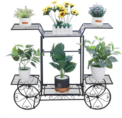 Produktbild von Pflanzenregal – Schwarz, pulverbeschichtet – 4 Rollen – 6 Ebenen – 83 x 22 x 68,5 cm – Landhausstil – Garten – Terrasse