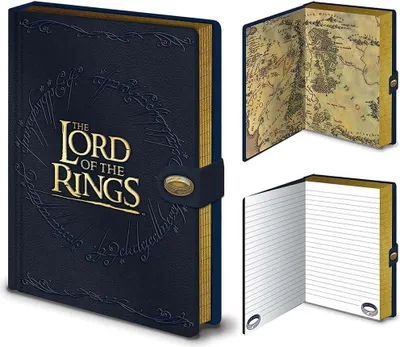 A collage of images showing a Lord of the Rings themed notebook, including its cover, an open page with a map, and an open page with lined paper.