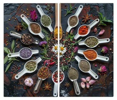 Produktbild von Spritzschutz Herdabdeckplatte Schneidebrett aus Glas Kräuter und Gewürze 2-Teilig (60x52cm)