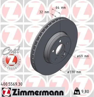 Produktbild von 2x ZIMMERMANN Bremsscheibe 400.5569.30 64mm 9 8kg 330mm