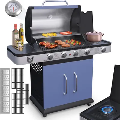 Produktbild von BBQ Chief Gasgrill Ocean - 4 Brenner aus Edelstahl, mit Seitenbrenner, Deckel, Thermometer, Rollen, für Camping/Balkon/Garten, 13,3 kw, Gusseisen Grillrost, Blau - Grill, Grillwagen, Grillstation