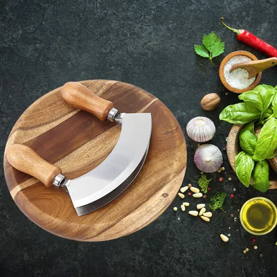 Produktbild von Doppelklinge Edelstahl Wiegemesser mit Schneidebrett, kräuterschneider  kräuterschneider Kräuterschneidebrett Hackmesser Biegemesser Käse