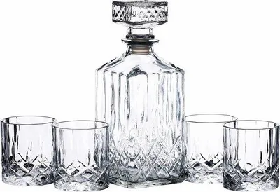 Obrázek produktu pro Dárková sada karafy na whisky - 5dílná sada s broušenými sklenicemi, karafa o objemu 900 ml - silikonová zátka - 4 poháry 26 x 10 x 24 cm, křišťál
