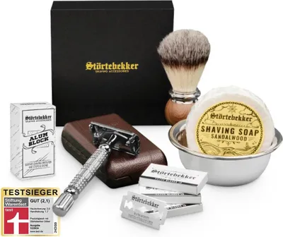 Produktbild von Störtebekker® Premium Rasierset - Rasierhobel Silber – inkl. Echtlederetui (Café) - Rasierseife Sandelholz Duft - Rasurset / Bartpflege Set