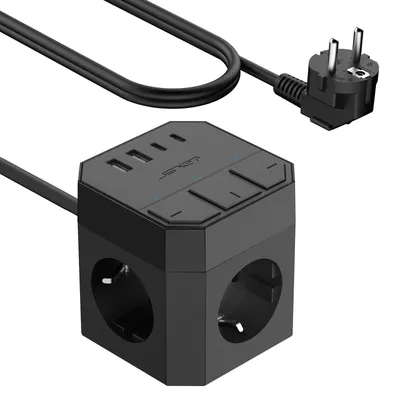 Obrázek produktu pro Zásuvková lišta s 4 USB porty, 3 zásuvkami, výkon 3680 W/16 A, kabel o délce 2 metry (černá)