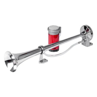 A chrome-plated air horn with a red compressor is shown against a white background.