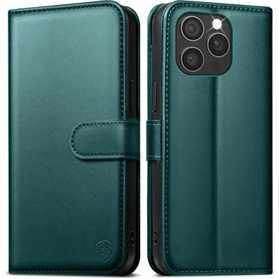 Immagine prodotto di Custodia per iPhone 16 Pro, tipo portafoglio con 6 scomparti per carte, protezione RFID, funzione stand e realizzata in pelle, colore verde