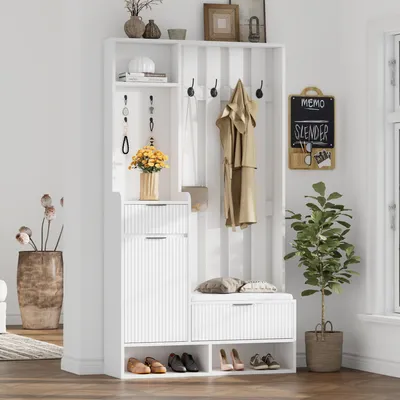 Immagine prodotto di okwish Armadi con 8 ganci, armadio largo 100 cm, cassettiera con 4 ganci grandi, appendiabiti 6 in 1, armadio alto con panca e ripiani, armadio bianco