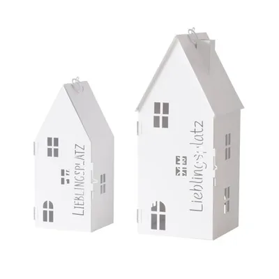 Two white metal house-shaped lanterns are displayed against a white background.