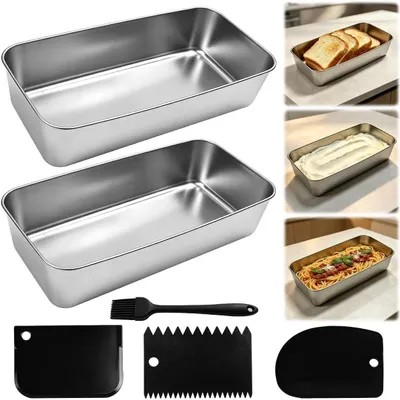 Produktbild von 2 Stück Brotbackformen aus Edelstahl, Kastenform 33 x 15 x 6,7 cm | Rechteckige Backform, spülmaschinengeeignet, kleine Königskuchenform mit Backpinsel und Teigspateln für Brot, Kuchen und Toast