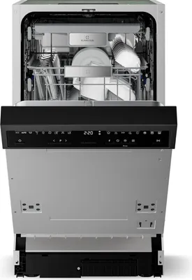 An open dishwasher with dishes inside, showing the control panel.