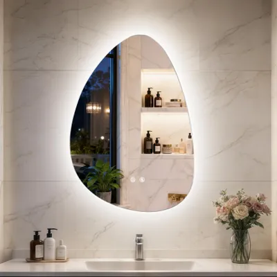 LED-Badspiegel asymmetrisch 77x55 cm, 3 Lichtfarben dimmbar, Touch