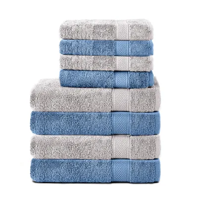 Produktbild von Komfortec 8er Handtuch Set aus 100% Baumwolle, 4 Badetücher 70x140 und 4 Handtücher 50x100 cm, Frottee, Weich, Towel, Groß, Hellblau/Silber