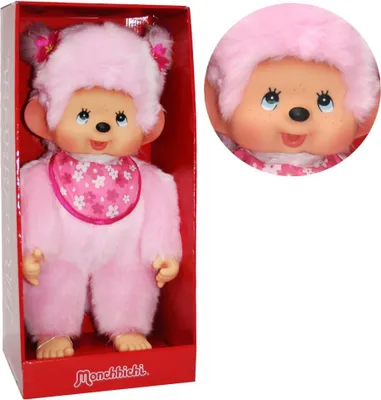 Produktbild von Sekiguchi 242405 - Original Monchhichi Mädchen Kirschblüte, aus rosa Plüsch, mit Lätzchen und Zöpfen mit Blumen, ca. 45 cm
