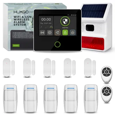 Produktbild von HUXGO Funk Alarmanlage Set HXA502 B mit Solar Sirene 5x Bewegungsmelder 5x Türsensor, WLAN + GSM 4G