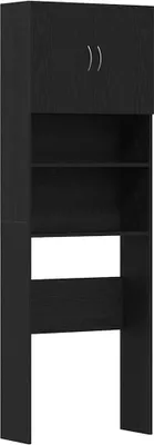 A black washing machine cabinet with shelves and a top cabinet with two doors.