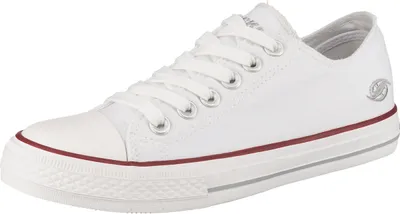 A white low-top sneaker with red and gray accents.