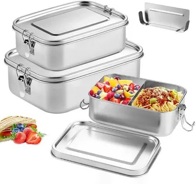 Produktbild von Unyqoos® Lunchbox-Set aus 304 Edelstahl, 3-teilig (850/1400/2400 ml) – auslaufsicher, stapelbar, spülmaschinenfest