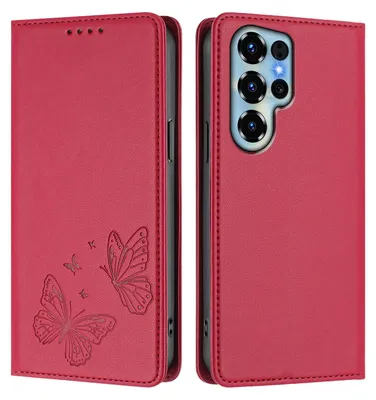 Produktbild von Lederhülle für Oukitel C68, Schmetterling Prägung Leder Brieftasche Schutzhülle mit Ständer Rot