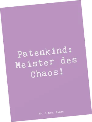 Produktbild von Mr. & Mrs. Panda Postkarte Spruch Patenkind Chaosmeister - Lavendeltraum - Geschenk, Familie, Humor, Chaos, Fürsorge, Postkarten, bildkarte, Patenschaft, Grußkarte