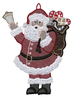 Ein fröhlicher Weihnachtsmann in rotem Anzug mit weißem Bart hält eine Glocke in der Hand und trägt einen Sack voller Geschenke auf dem Rücken während er freundlich lächelt und bereit ist die Weihnachtsfreude zu verbreiten