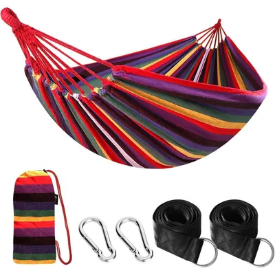 Produktbild von Hängematte Outdoor Baumwolle mit Baumgurten und Tasche, Tragbar, Regenbogen, 300 kg belastbar