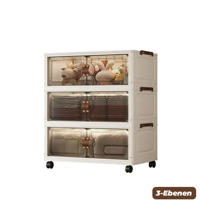 Immagine prodotto di Contenitore pieghevole a 3 ripiani con coperchio, contenitori impilabili, contenitori impilabili trasparenti in plastica con sportello e rotelle per cucina, ufficio, casa