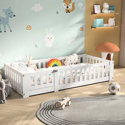 Image de Lit d'enfant 90 x 190 cm avec barrières et porte, en bois massif, blanc, sommier à lattes inclus