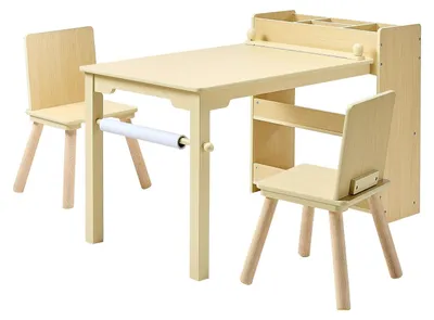 Obrázek produktu pro Dětská sada stolu a židlí, stolek pro kreativní činnosti s úložnou skříňkou se 3 policemi, dřevěný dětský stolek s 2 židlemi, stolek pro tvoření, čtení, učení, kreslení a psaní, světle dřevěný