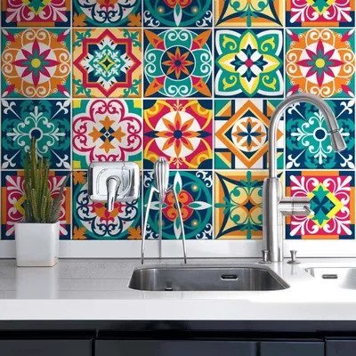 Obrázok produktu pre Samolepky na dlaždice 24 ks, 10x10 cm, vodoodolné PVC, Azulejos štýl, do kúpeľne a kuchyne
