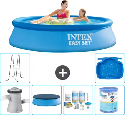 Produktbild von Intex runder aufblasbarer Easy Set-Schwimmpool – 244 x 61 cm – Blau – inklusive Pumpe Abdeckung - Wartungspaket - Filter - Leiter - Fußbad