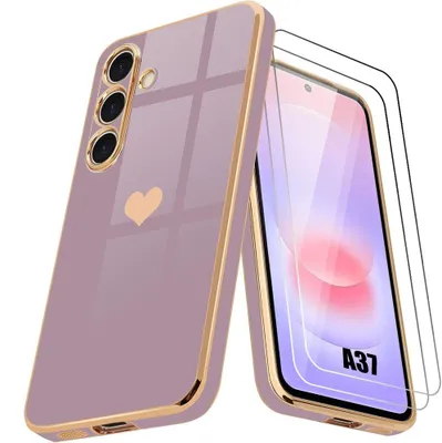 Image de Coque + 2 Verres Trempés pour Samsung Galaxy A37 5G, Silicone Motif Coeur Anti-Rayures Violet