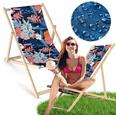 Zdjęcie produktu dla Składany drewniany leżak ogrodowy z tropikalnym motywem roślin granatowo-różowych – leżak plażowy i ogrodowy