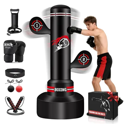 Produktbild von Stehende Boxsack, 70 Zoll, aus schwarzem Vinyl, mit Boxhandschuhen-Set für MMA- und Fitness-Training