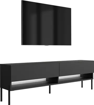 Produktbild von TV-Lowboard 170 cm Mattschwarz, gerade schwarze Beine, weiße LED