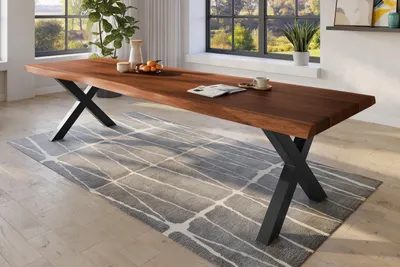 Produktbild von Baumkantentisch 350 x 120 cm Esstisch massiv Akazie Nussbaum X-Gestell Schwarz TITAN