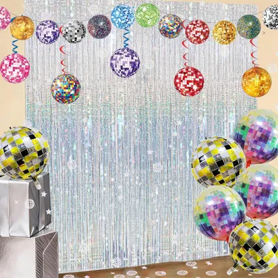 Productafbeelding van Discokogel partijdecoratie - met slangenballonnen en een glittersluier - zilver glitterset