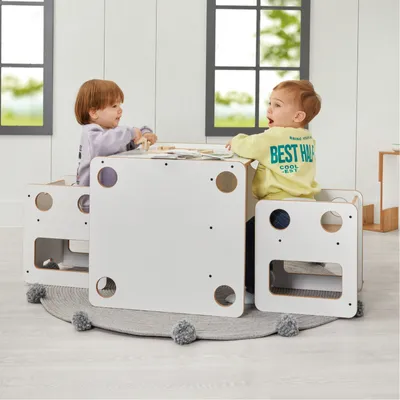 Produktbild von Montessori Kindermöbel Set – Höhenverstellbarer Kindertisch mit 2 Stühlen aus MDF & Holz – Kinder Spieltisch & Lerntisch –