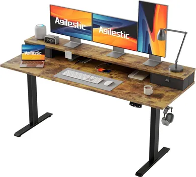Obrázek produktu pro Elektricky výškově nastavitelný psací stůl se 2 zásuvkami 160 x 60 cm hnědý