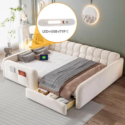 Produktbild von Flieks Kinderbett 140x200cm mit USB- und USB-C-Ladeanschlüssen, Polsterbett mit Nachtlicht und Schublade, Bodenbett Doppelbett Samt, Beige