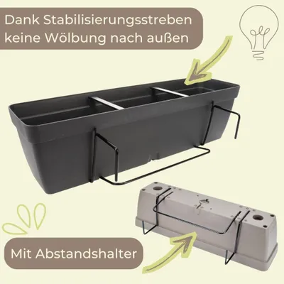 Produktbild von Blumenkasten Balkon Balkonkasten mit Halterung Blumenkasten mit Wasserspeicher Blumentopf Balkongeländer Blumenkastenhalterung Balkon Pflanzkasten Taupe 60 cm